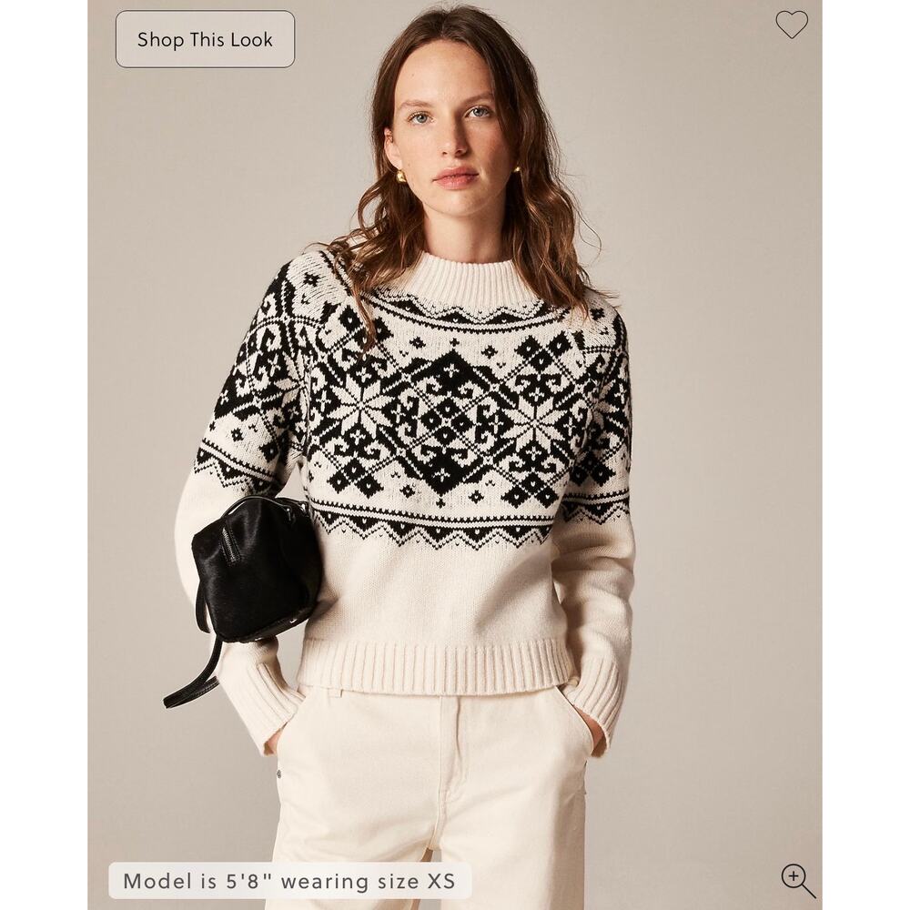 J. Crew Fair Isle snowflake mockneck sweater in vintage wool Ivory Black NWT XS
